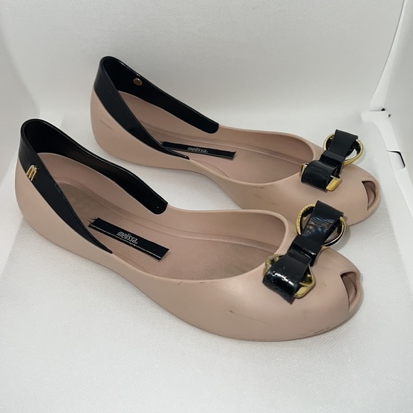Melissa Queen IV blush black peep toe front bow ballerina flats Sz 6 - Picture 3 of 13